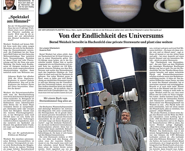 Sternwarte Huchenfeld im Pforzheimer Kurier